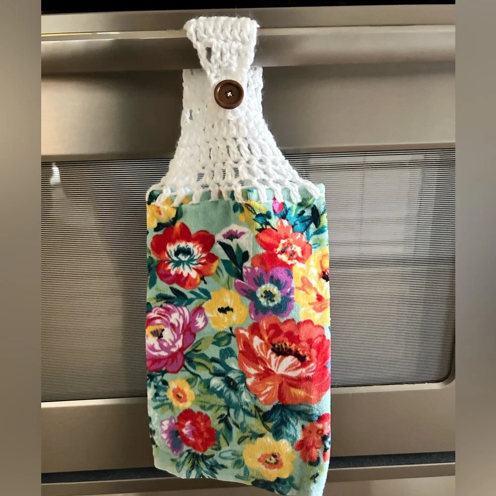 Hand Crafted Colorful Floral Hanging Kitchen Hand Towel with Button Closure